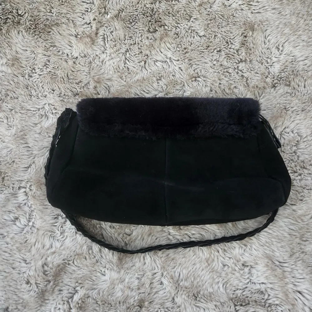 dennis basso Faux Fur Shearling Trim Suede Braided Strap Shoulder Bag Black‎